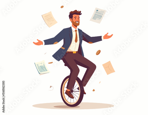 Cheerful Businessman Balancing on Unicycle Surrounded by Flying Papers in White Background Flat Illustration