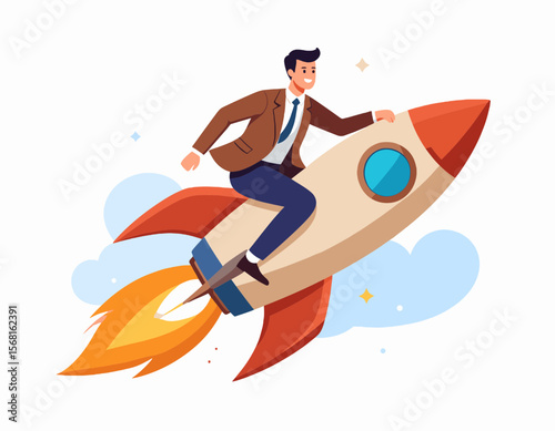 Cheerful Businessman Riding on Launching Rocket Through Cloudy Sky Vector Illustration with Fire Flames Brown Suit