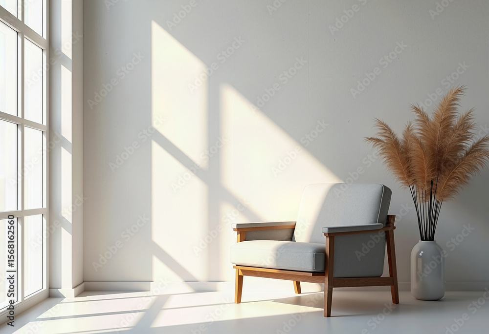 Fototapeta premium Minimalist interior design scene with a modern grey armchair placed in a sunlit corner next to pampas grass, creating a serene and peaceful atmosphere. 