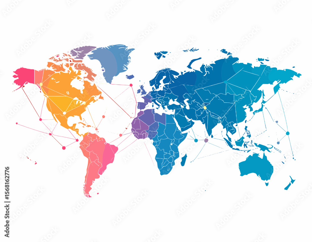Obraz premium Colorful Geometric World Map Depicting Global Network Connections on a White Background