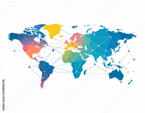 Colorful Geometric World Map with Network Connections on White Background