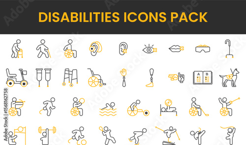 Diverse disability icons depicting mobility sensory and physical impairments with assistive devices.