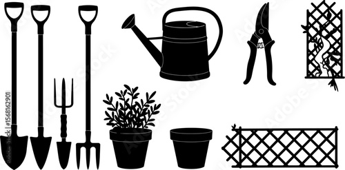 Gardening tools and equipment vector illustration for garden care and landscaping design elements set