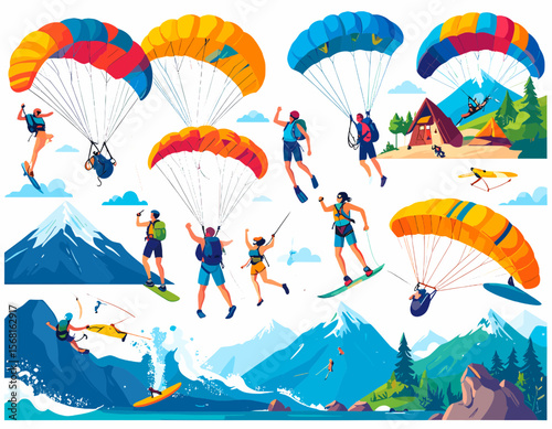 Colorful Pixel Art Illustration of Parachuting People Over Mountains and Ocean Landscape on Clear Day