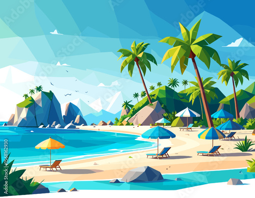 Colorful Pixel Art of Tropical Beach with Palm Trees and Blue Umbrellas Against a Bright Sky Creates a Summery Scene