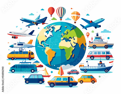 Colorful Pixelated World Globe Surrounded by Various Modes of Transportation on White Background
