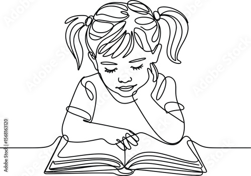 Thoughtful Reader — Silhouette Line Drawing of Pigtail Girl Deep in Book at Table