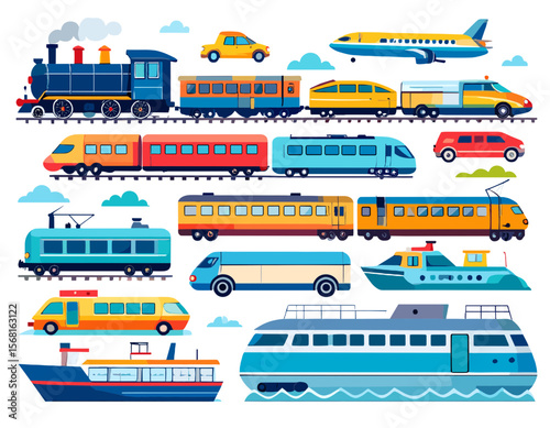 Colorful Transportation Collection in Vector Illustration with Train Car Airplane Ship and Bus