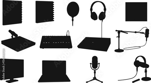 Studio recording equipment setup for podcasting music production and audio engineering black and white design