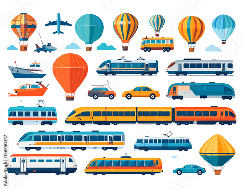 Colorful Transportation Vector Icons Featuring Airplanes Balloons Trains Buses Cars Ships and Boats on White Background