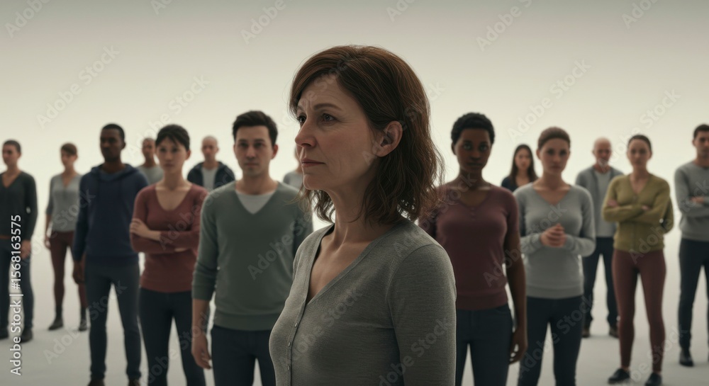 Obraz premium A woman stands before a diverse crowd, her expression pensive against a stark white backdrop. The scene suggests anticipation or uncertainty