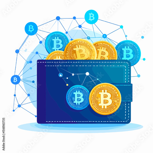 Crypto Currency Wallet with Golden and Blue Coins Connected by a White Network on a White Background Representing Digital Finance