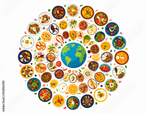 Culinary World Globe Featuring Diverse Dishes and International Cuisines in Colorful Circular Flat Design