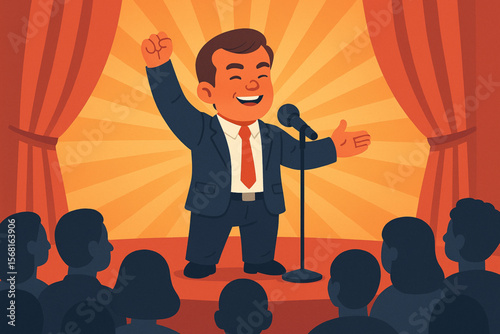 Confident Man with Dwarfism Giving Inspiring Speech on Stage Flat Vector Illustration