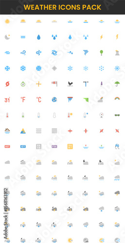 Diverse weather icons pack featuring sun rain wind snow and temperature variations.