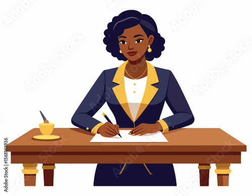 Dark Skinned Professional Woman Writing At Desk In Navy Suit In Office Environment With Coffee Cup On Table With White Background