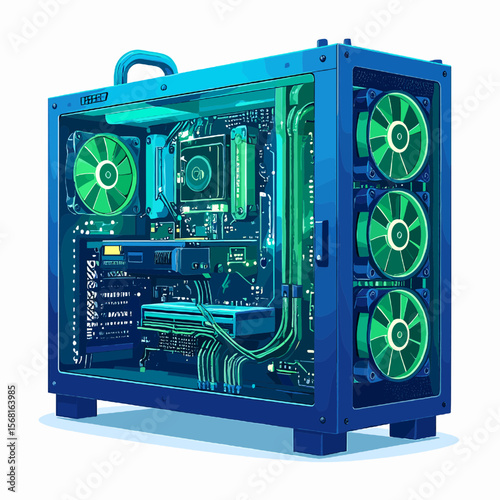 Custom Built Gaming Pc Tower with Blue Frame Green Lighting and Visible Internal Components on White Background