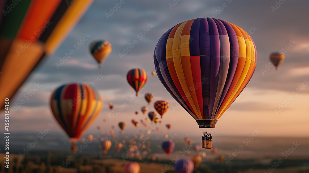 Fototapeta premium Hot Air Balloon Festival: A breathtaking collection of vibrant hot air balloons fills the sky at sunset, creating a magical spectacle of color and wonder.