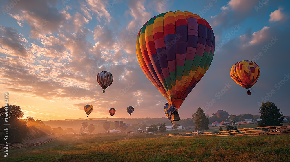 Naklejka premium Soaring Heights: A mesmerizing scene unfolds as a squadron of vibrant hot air balloons ascend gracefully against the backdrop of a sun-kissed sky and lush green landscape.