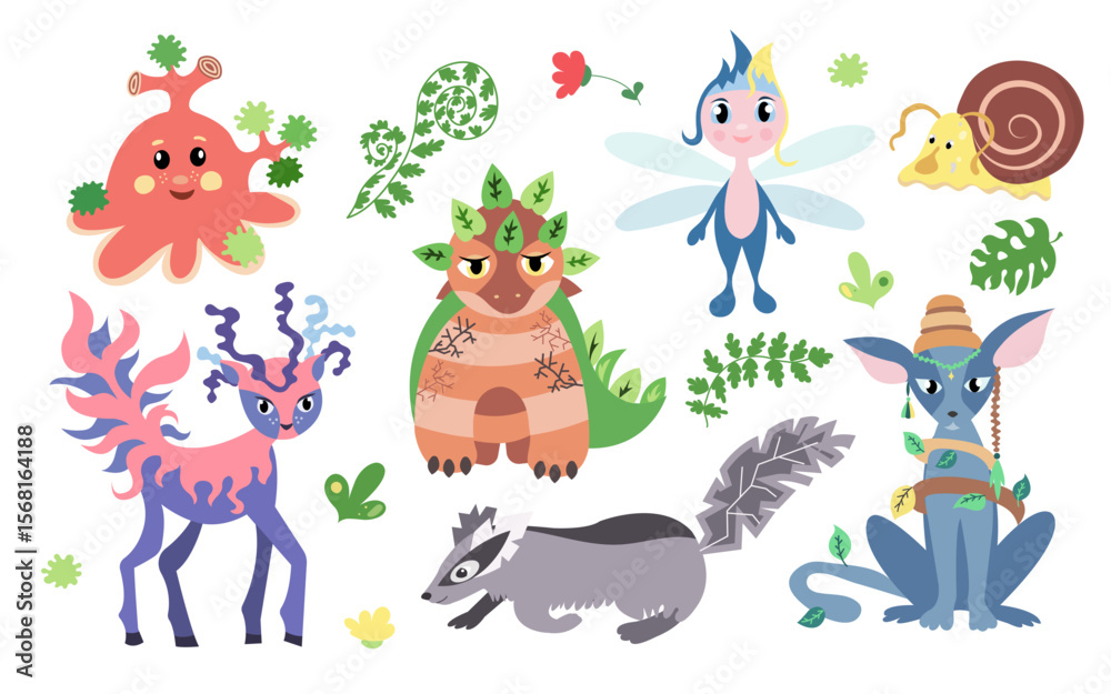 Naklejka premium Fantastic characters, forest dwellers, creations of nature.