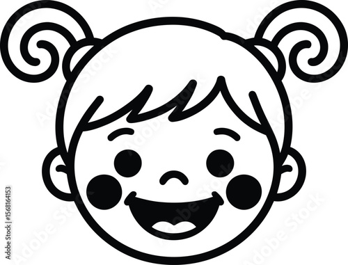 Playful Pigtail Portrait — Cartoon Silhouette of Smiling Child with Curly Hair and Cheek Spots