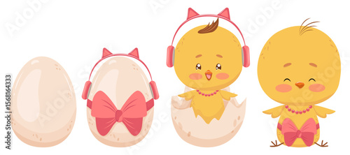 Stages of female chick from egg to baby. Set of isolated elements egg, egg with red bow, yellow chick in shell, young bird. Simple cute anthropomorphic characters for children's design and decor