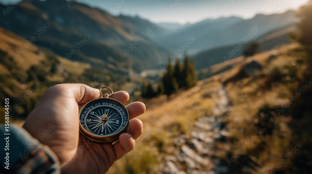 custom made wallpaper toronto digitalCompass Guiding the Way: A close-up of a hand holding a compass against a backdrop of scenic mountains and a hiking trail, symbolizing exploration and journey.