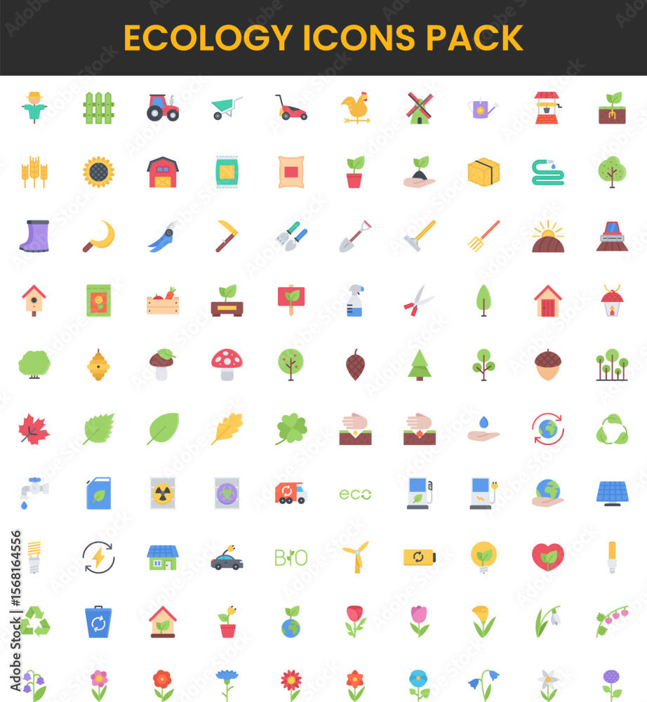 Fototapeta premium Flat Design Ecology Icons Pack Agriculture Renewable Energy and Environmental Conservation.