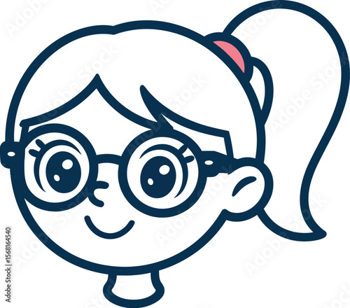 Cheerful Cartoon Girl — Silhouette Face Illustration with Ponytail and Round Glasses