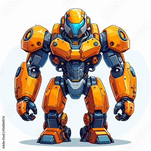 Detailed Pixel Art of an Orange and Blue Mechanical Robot with Intricate Armor Design Isolated on White Background