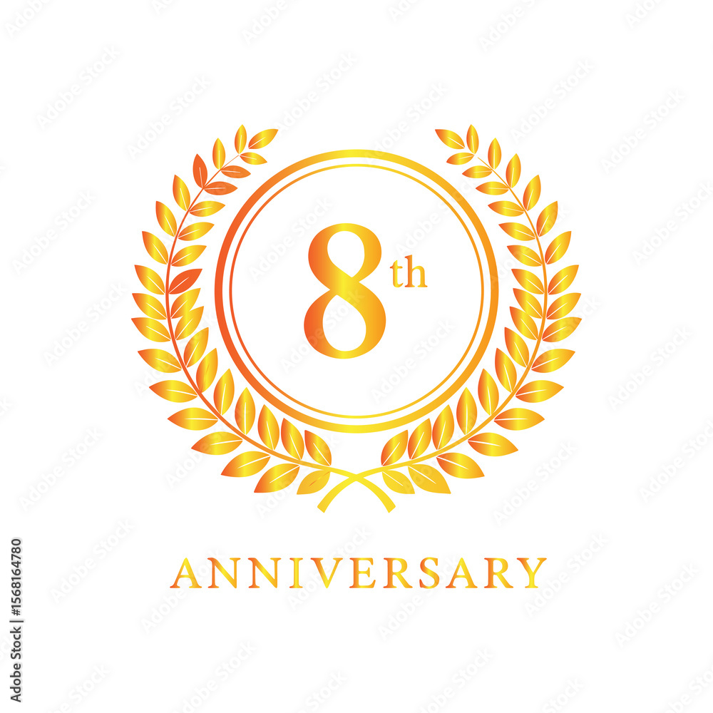 Naklejka premium Golden laurel wreath with number 8 and anniversary text isolated on white background