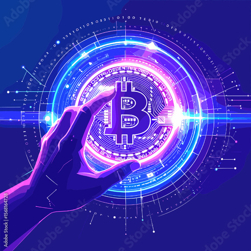 Digital Bitcoin Hand in a Glowing Circle With Geometric Lines and Pixel Art Style on Blue and Purple Background