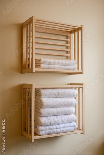 Two light beige wooden wall-mounted towel racks, holding stacks of white towels
