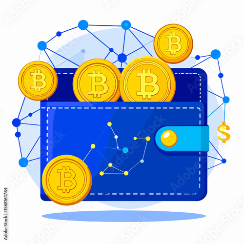 Digital Bitcoin Wallet Concept with Gold Coins Connected to Blockchain Network in Blue and White Isolated Illustration