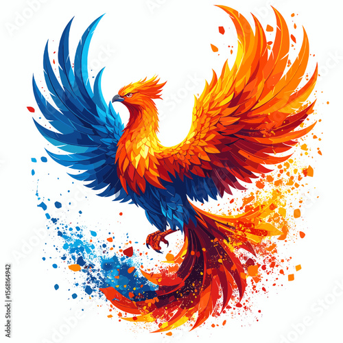 Digital Phoenix Illustration in Fiery Colors with Blue Accents on White Background a Mythical Creature of Flame and Rebirth