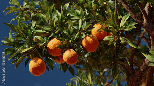 Orange Tree's Bounty: Capturing the essence of a sunny day, the photograph portrays a verdant orange tree laden with ripe, juicy fruits against the bright blue sky.
