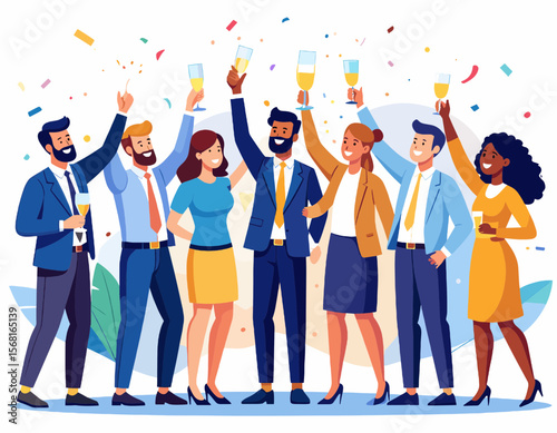 Diverse Business Team Celebrating Success with Champagne and Confetti in a Bright Office Setting Full of Excitement and Teamwork