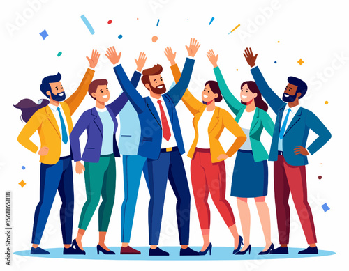 Diverse Business Team Celebrating Success with Confetti in a Dynamic Vector Illustration with Cheerful Expressions and Colorful Outfits