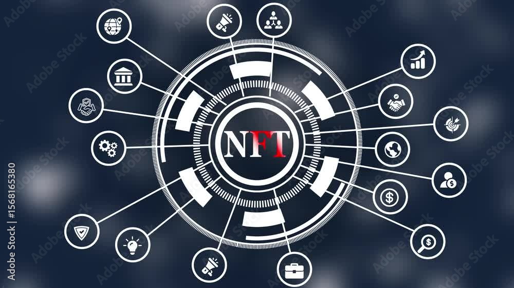 NFT Non-fungible token digital crypto on virtual screen.  Internet, business, Technology and network concept. Digital advertising concept with ppc and global reach visualization