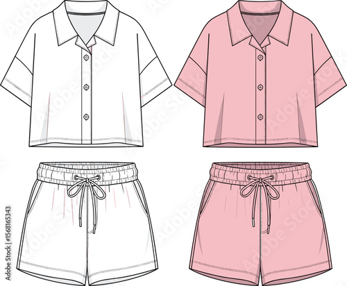 Minimalist Button-Up Shirt and Drawstring Shorts Set, Fashion Illustration