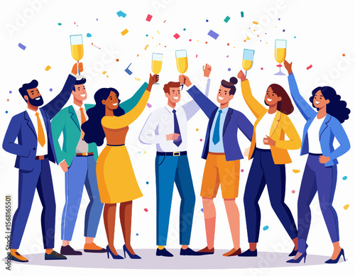 Diverse Cheerful Business Team Celebrating with Champagne and Confetti in a Vector Illustration