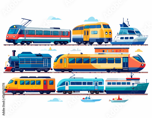 Diverse Colorful Train and Boat Illustration on White Background Showcasing Variety of Public and Marine Transportation System