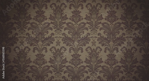 Ornate damask wallpaper with faded brown and burgundy floral pattern