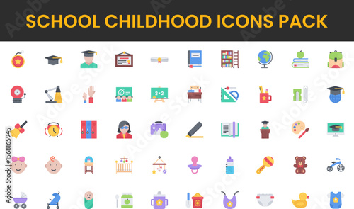 School and Childhood Flat Design Icon Set Featuring Education and Baby Items.