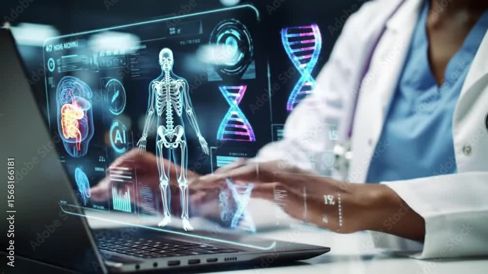custom made wallpaper toronto digitalDoctor Using AI to Analyze Human Body Data on Laptop - Futuristic Healthcare