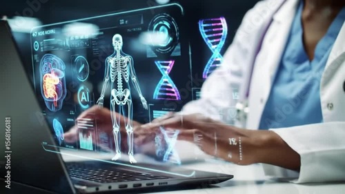 Wallpaper Mural Doctor Using AI to Analyze Human Body Data on Laptop - Futuristic Healthcare Torontodigital.ca