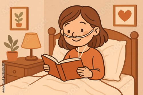 Young Girl with Oxygen Tube Reading Book in Bed Flat Vector Illustration