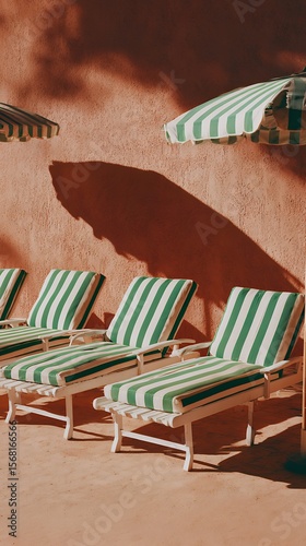 retro striped poolside lounge chairs turquoise green vintage resort aesthetic shadow composition