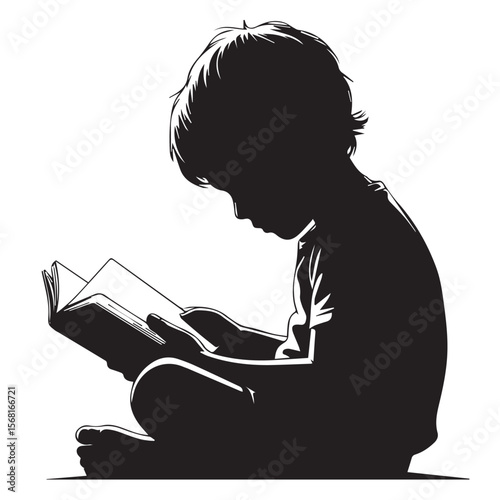 Silhouette of a young child engrossed in reading a book, isolated on a white background.