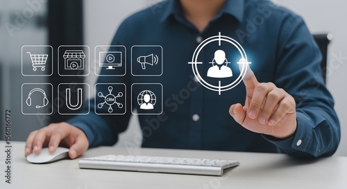 Businessman is interacting with virtual screens displaying digital marketing and shopping icons for a personalized customer experience.